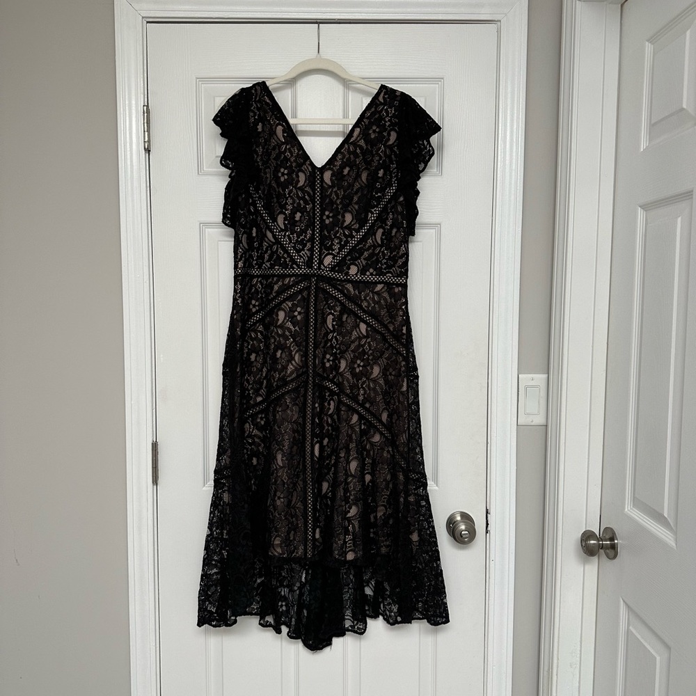 Taylor lace overlay dress. Flutter sleeves and flared hem. V-neck and back.